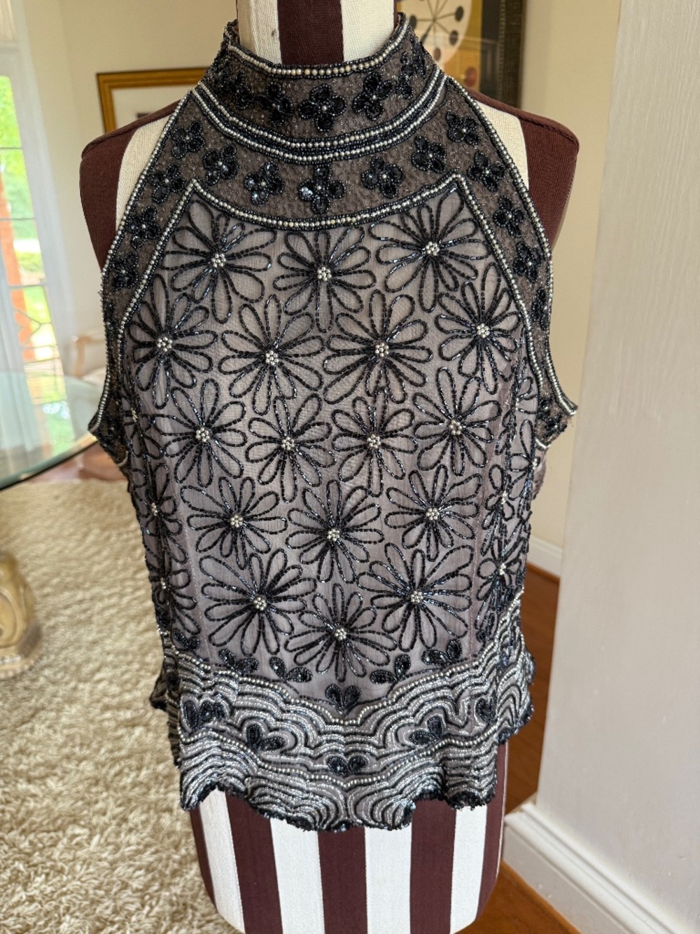 Papell Boutique Evening Womens Top Sz XL Black High Neck Beaded Silk Formal